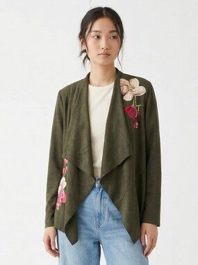 V Christina Jacket Olive Green Faux Suede Embroidered Open Boho Festival M